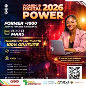 Formation certifiante gratuite Women in Digital 16–31 mars pour +1000 jeunes femmes ivoiriennes — inscriptions ouvertes. il s'agit d'un programme de formation Africa digiempower de THEYA by Cybastion. flyer design adambita237 (alias adatheartist)
