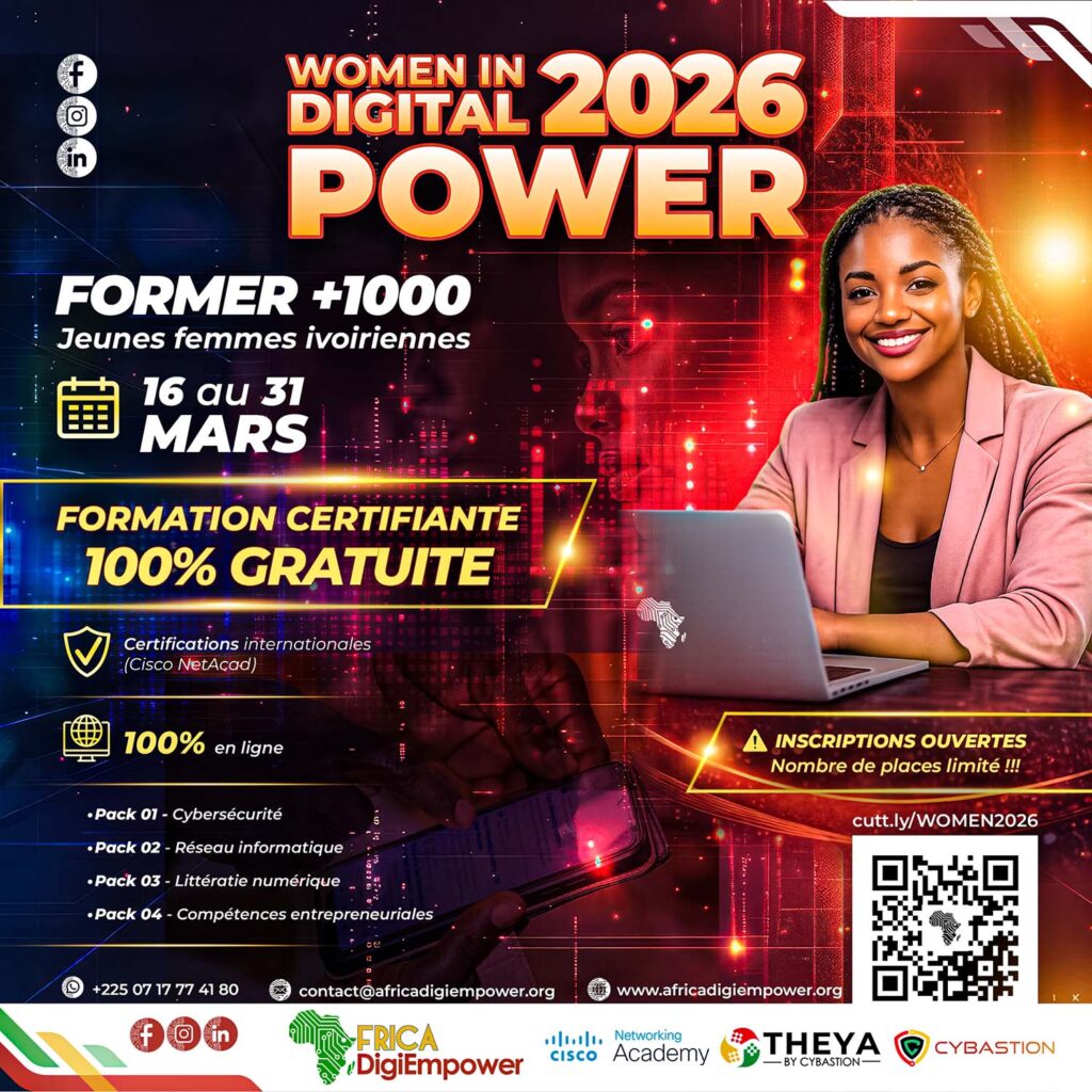 Formation certifiante gratuite Women in Digital 16–31 mars pour +1000 jeunes femmes ivoiriennes — inscriptions ouvertes. il s'agit d'un programme de formation Africa digiempower de THEYA by Cybastion. flyer design adambita237 (alias adatheartist)