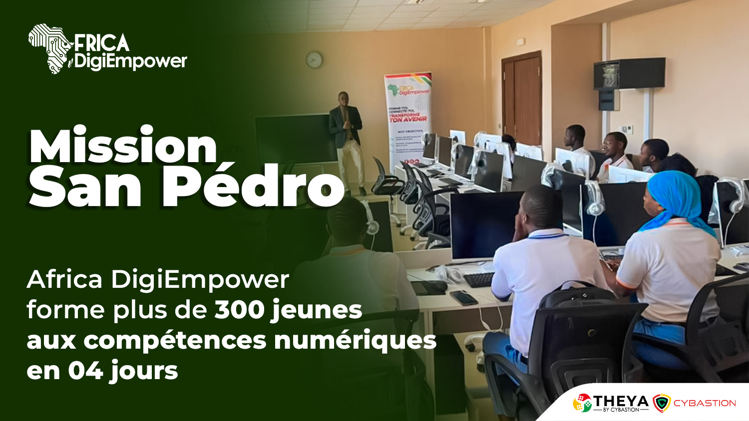 Groupe d'élèves en uniforme bleu et cravate rouge, posant avec plusieurs adultes devant un bâtiment blanc. Dans le cadre de son programme phare Africa DigiEmpower, THEYA by Cybastion a déployé du 24 au 27 mars 2026 une mission de formation d'envergure à San Pedro, formateurs et encadrants a sillonné les établissements de la ville pour offrir des formations gratuites et certifiantes aux étudiants et jeunes de la région-Africa DigiEmpower formations gratuites pour les jeunes. design by adambita237